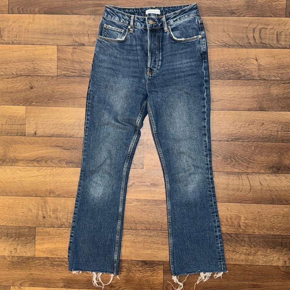 Anine Bing Size 27 Lara Jeans Raw Hem Distressed Blue Denim Button Fly Coastal